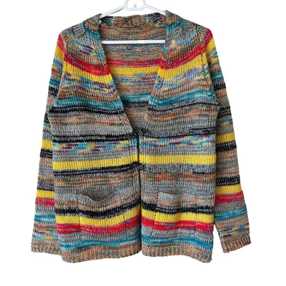GUC Bright Knit Red Blue Yellow Stripe Long Sleeve Cardigan Sweater Dopamine S M